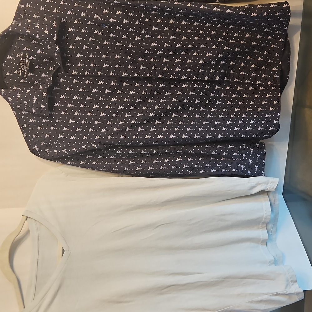 Bundled Navy Patterned With Flamingos Button-Up Shirt and Light Blue V-Neck Tee